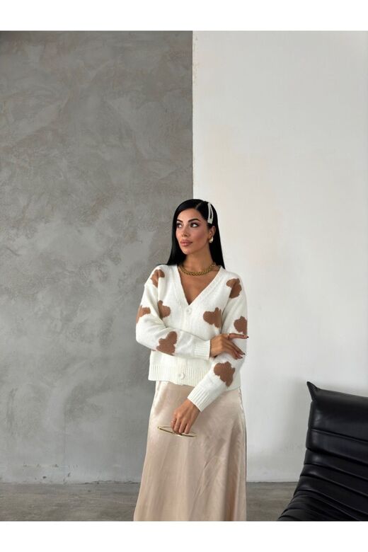 Kadın Düğmeli  Bulut Desenli  Yumoş Crop  Sakallı Hırka