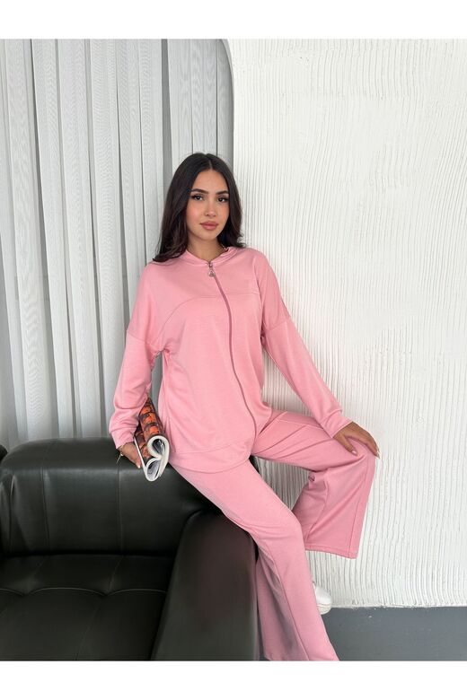 OVERSİZE FERMUARLI ÇIMA DETAYLI GENİŞ PAÇA MODAL KUMAŞ EŞOFMAN TAKIM