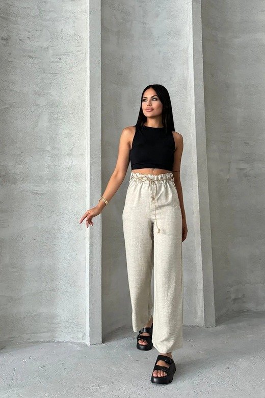 Hasır Kemerli Palazzo Keten bol paça Pantolon