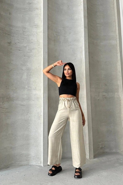 Hasır Kemerli Palazzo Keten bol paça Pantolon
