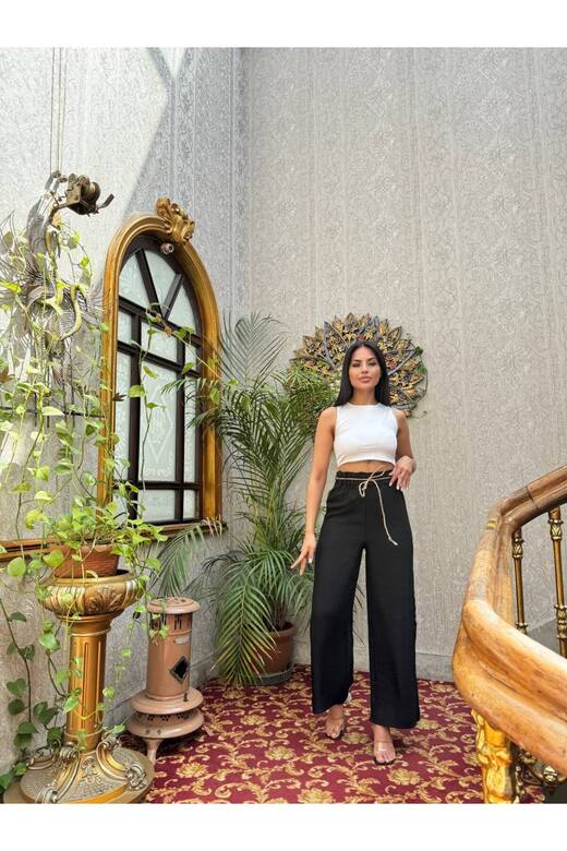 Hasır Kemerli Palazzo Keten bol paça Pantolon