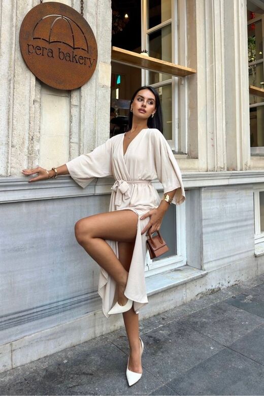 Kadın Kemerli Yarasa Kol Ayrobin Elbise