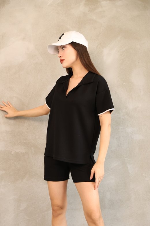 Biyeli polo yaka cepli yumuşak doku modal kumaş şortlu takım