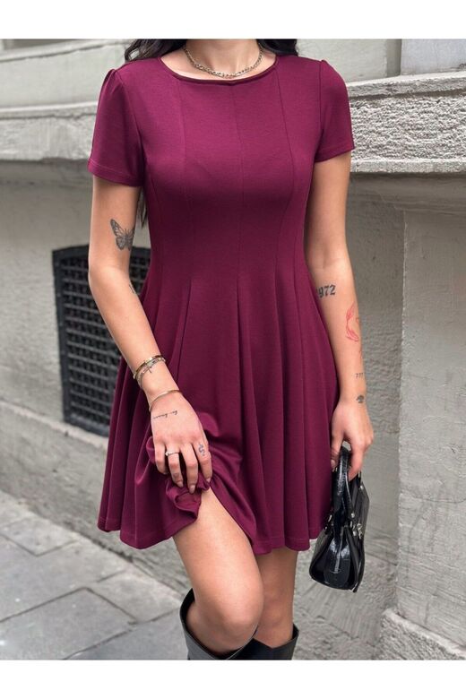 Modal Kumaş Volanlı Bordo Elbise