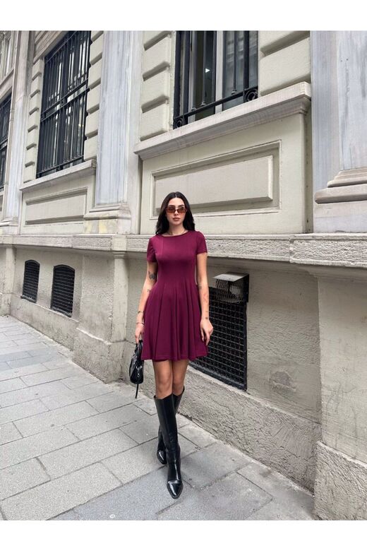 Modal Kumaş Volanlı Bordo Elbise