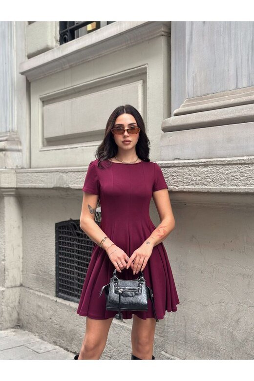 Modal Kumaş Volanlı Bordo Elbise