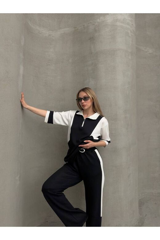 Garnili Yarım Fermuarlı Oversize Geniş Paça Yumuşak Doku Modal Kumaş Eşofman Takım