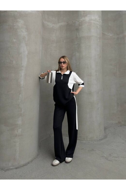 Garnili Yarım Fermuarlı Oversize Geniş Paça Yumuşak Doku Modal Kumaş Eşofman Takım