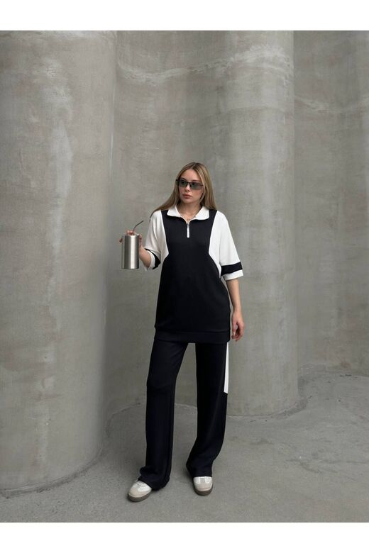 Garnili Yarım Fermuarlı Oversize Geniş Paça Yumuşak Doku Modal Kumaş Eşofman Takım