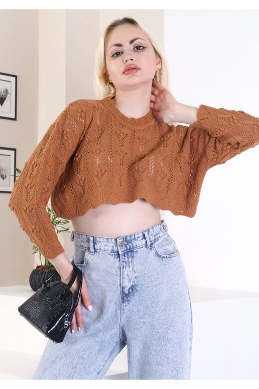 Ajurlu Örme Detaylı Crop Triko Bluz Kazak