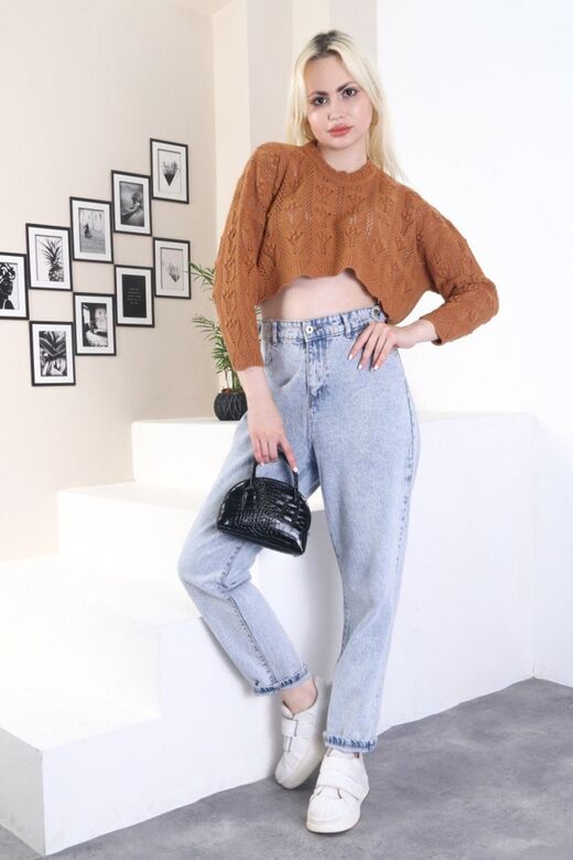 Ajurlu Örme Detaylı Crop Triko Bluz Kazak