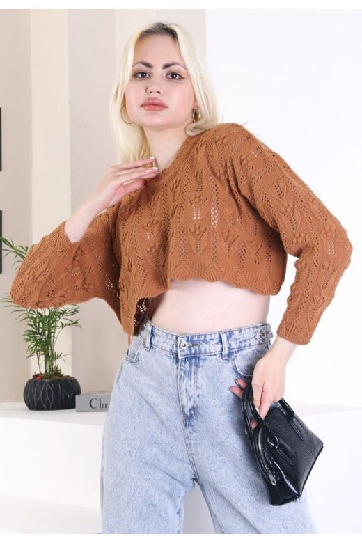 Ajurlu Örme Detaylı Crop Triko Bluz Kazak