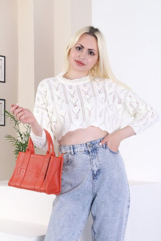 Ajurlu Örme Detaylı Crop Triko Bluz Kazak