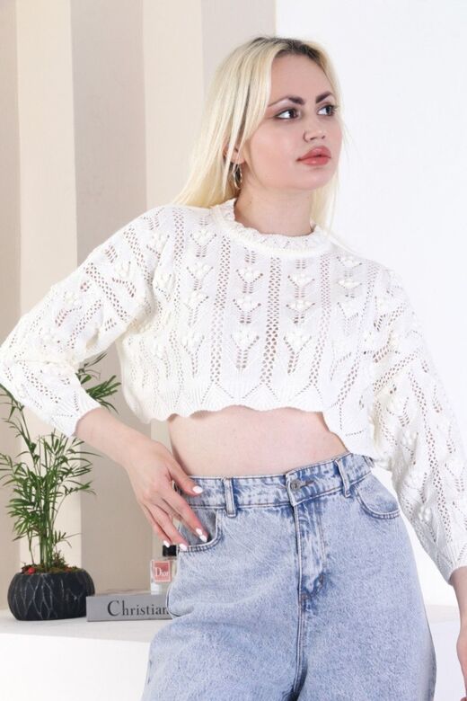 Ajurlu Örme Detaylı Crop Triko Bluz Kazak