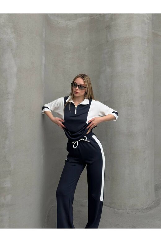 Garnili Yarım Fermuarlı Oversize Geniş Paça Yumuşak Doku Modal Kumaş Eşofman Takım