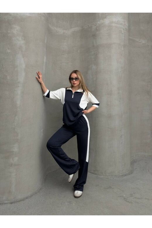 Garnili Yarım Fermuarlı Oversize Geniş Paça Yumuşak Doku Modal Kumaş Eşofman Takım