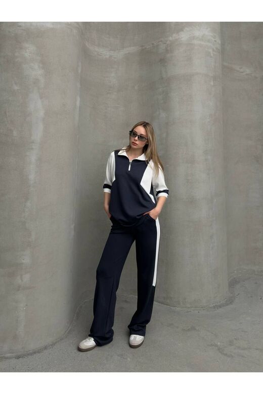 Garnili Yarım Fermuarlı Oversize Geniş Paça Yumuşak Doku Modal Kumaş Eşofman Takım