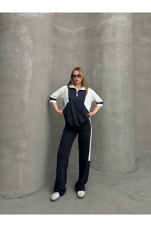 Garnili Yarım Fermuarlı Oversize Geniş Paça Yumuşak Doku Modal Kumaş Eşofman Takım
