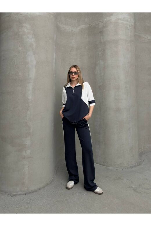 Garnili Yarım Fermuarlı Oversize Geniş Paça Yumuşak Doku Modal Kumaş Eşofman Takım