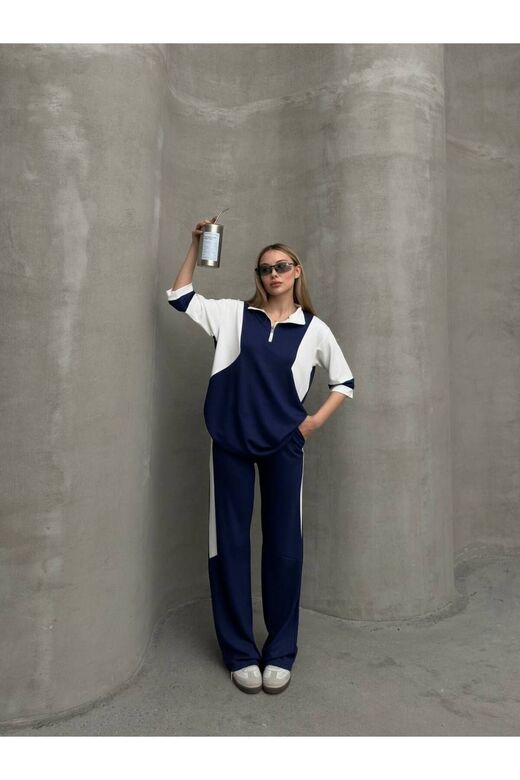 Garnili Yarım Fermuarlı Oversize Geniş Paça Yumuşak Doku Modal Kumaş Eşofman Takım