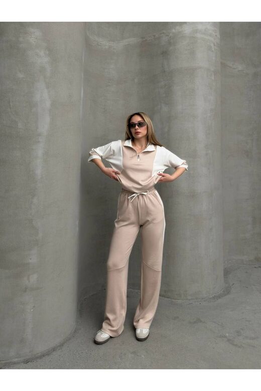 Garnili Yarım Fermuarlı Oversize Geniş Paça Yumuşak Doku Modal Kumaş Eşofman Takım