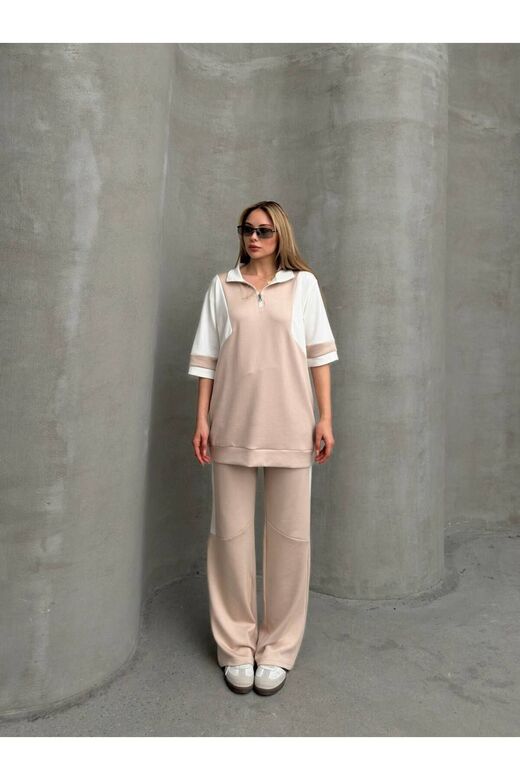 Garnili Yarım Fermuarlı Oversize Geniş Paça Yumuşak Doku Modal Kumaş Eşofman Takım