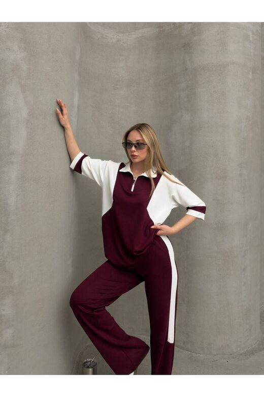 Garnili Yarım Fermuarlı Oversize Geniş Paça Yumuşak Doku Modal Kumaş Eşofman Takım