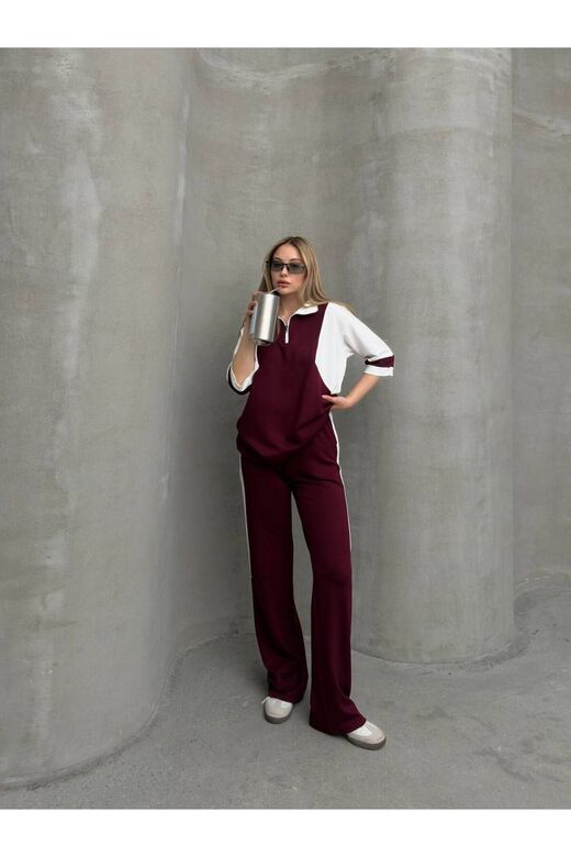 Garnili Yarım Fermuarlı Oversize Geniş Paça Yumuşak Doku Modal Kumaş Eşofman Takım