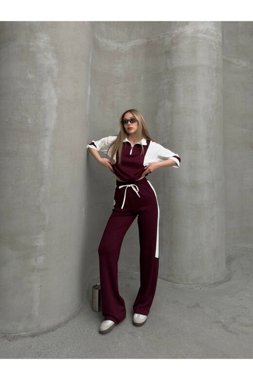 Garnili Yarım Fermuarlı Oversize Geniş Paça Yumuşak Doku Modal Kumaş Eşofman Takım