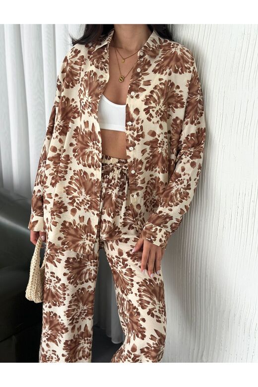 Beli Lastikli  Desenli Modal Kumaş Geniş Paça Gömlekli Takım