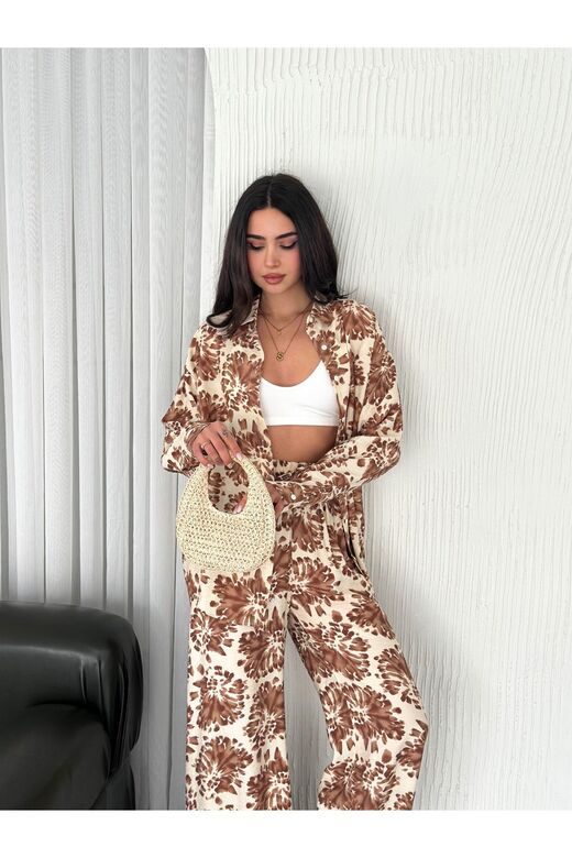 Beli Lastikli  Desenli Modal Kumaş Geniş Paça Gömlekli Takım
