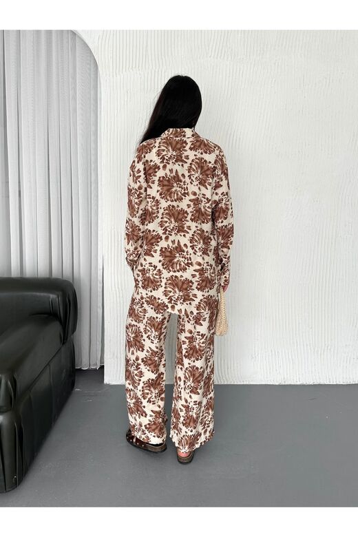 Beli Lastikli  Desenli Modal Kumaş Geniş Paça Gömlekli Takım