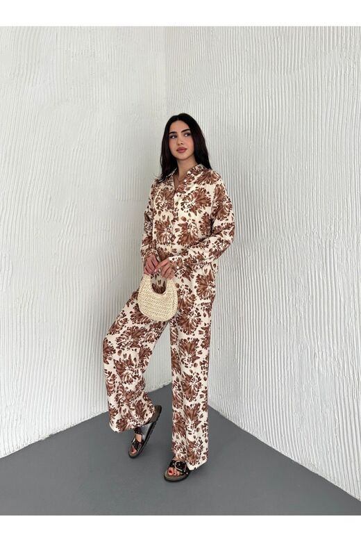 Beli Lastikli  Desenli Modal Kumaş Geniş Paça Gömlekli Takım