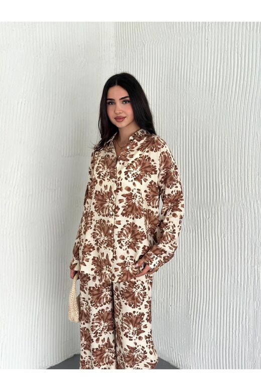 Beli Lastikli  Desenli Modal Kumaş Geniş Paça Gömlekli Takım