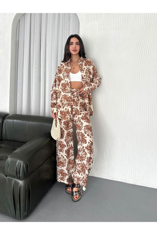 Beli Lastikli  Desenli Modal Kumaş Geniş Paça Gömlekli Takım