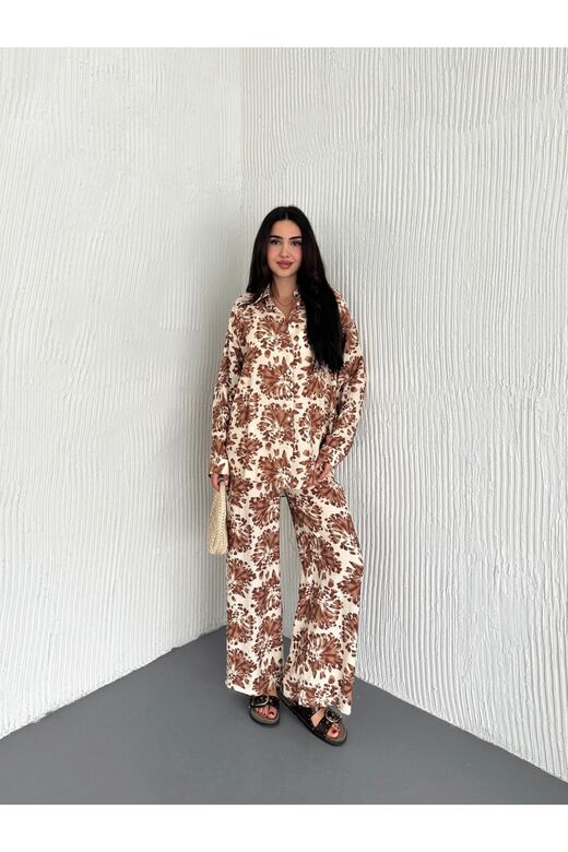 Beli Lastikli  Desenli Modal Kumaş Geniş Paça Gömlekli Takım