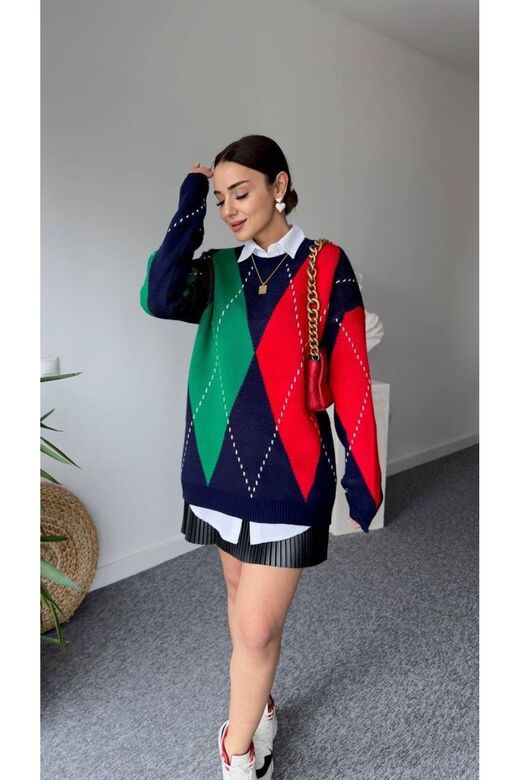 Oversize Baklava Desenli Triko Kazak