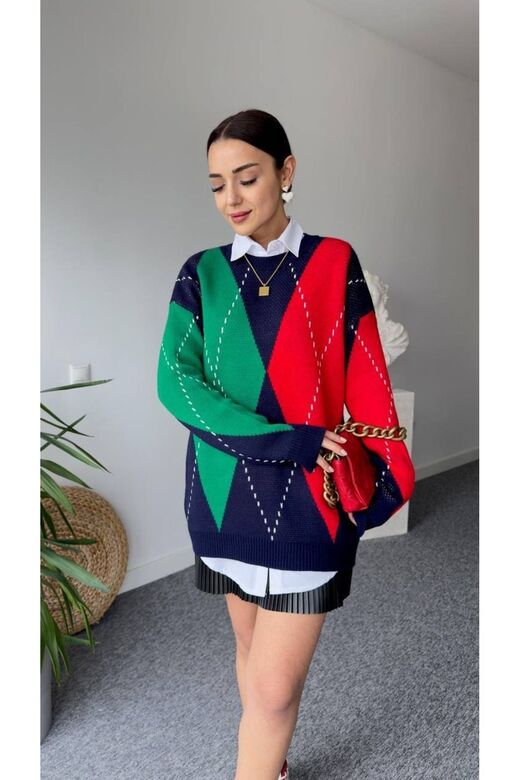 Oversize Baklava Desenli Triko Kazak