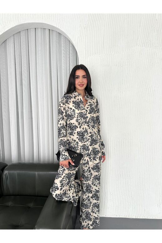 Beli Lastikli  Desenli Modal Kumaş Geniş Paça Gömlekli Takım