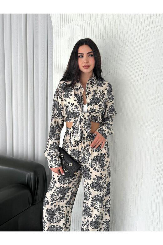 Beli Lastikli  Desenli Modal Kumaş Geniş Paça Gömlekli Takım