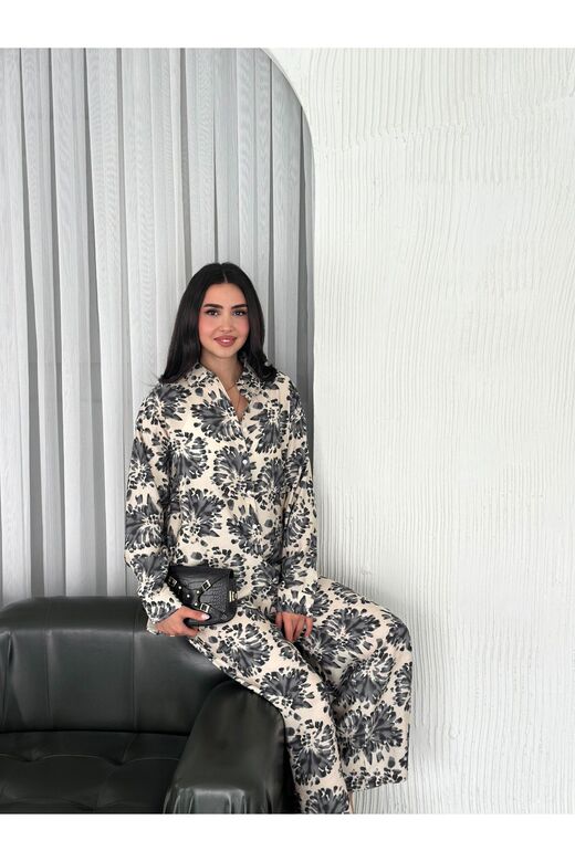 Beli Lastikli  Desenli Modal Kumaş Geniş Paça Gömlekli Takım