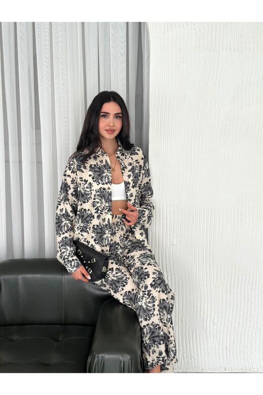 Beli Lastikli  Desenli Modal Kumaş Geniş Paça Gömlekli Takım