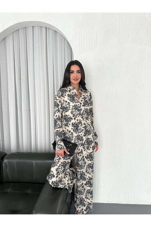 BELİ LASTİKLİ  DESENLİ MODAL KUMAŞ GENİŞ PAÇA GÖMLEKLİ TAKIM