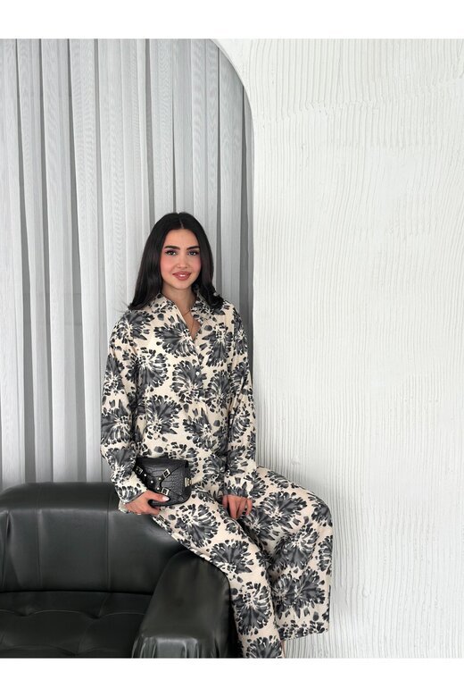 BELİ LASTİKLİ  DESENLİ MODAL KUMAŞ GENİŞ PAÇA GÖMLEKLİ TAKIM