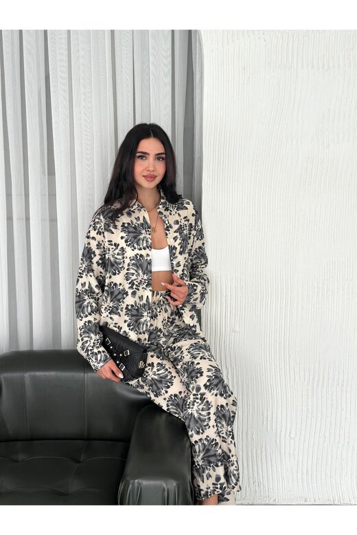 BELİ LASTİKLİ  DESENLİ MODAL KUMAŞ GENİŞ PAÇA GÖMLEKLİ TAKIM