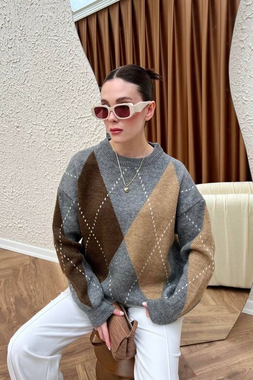 Oversize Baklava Desenli Triko Kazak