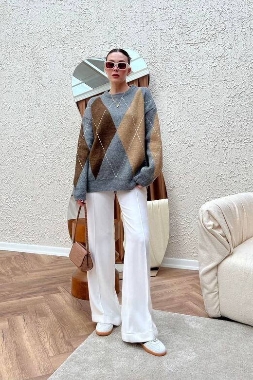 Oversize Baklava Desenli Triko Kazak