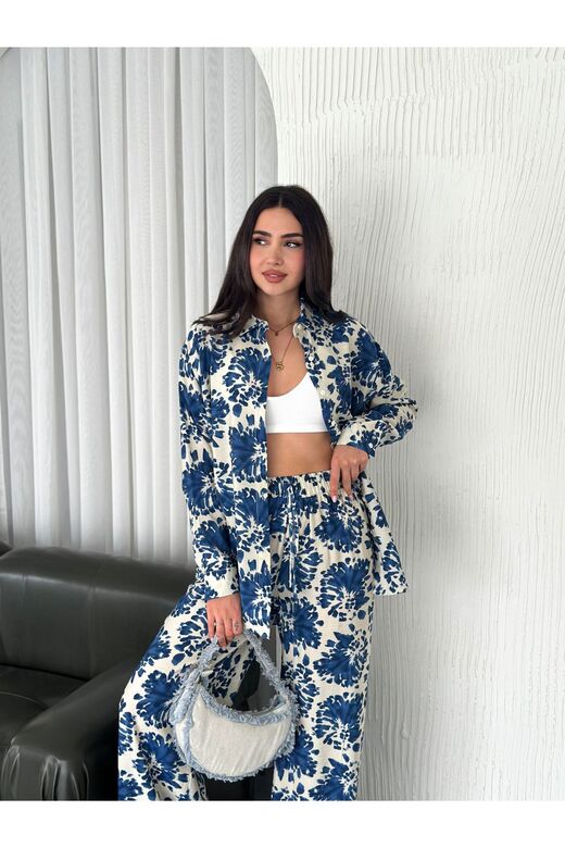Beli Lastikli  Desenli Modal Kumaş Geniş Paça Gömlekli Takım