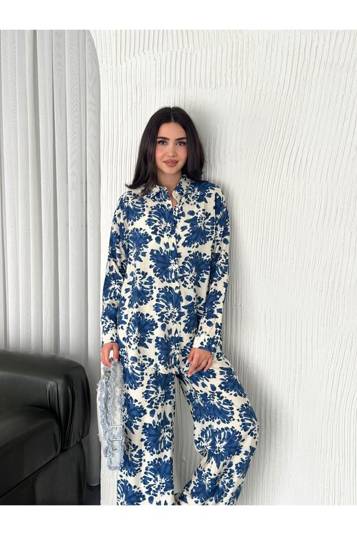 Beli Lastikli  Desenli Modal Kumaş Geniş Paça Gömlekli Takım
