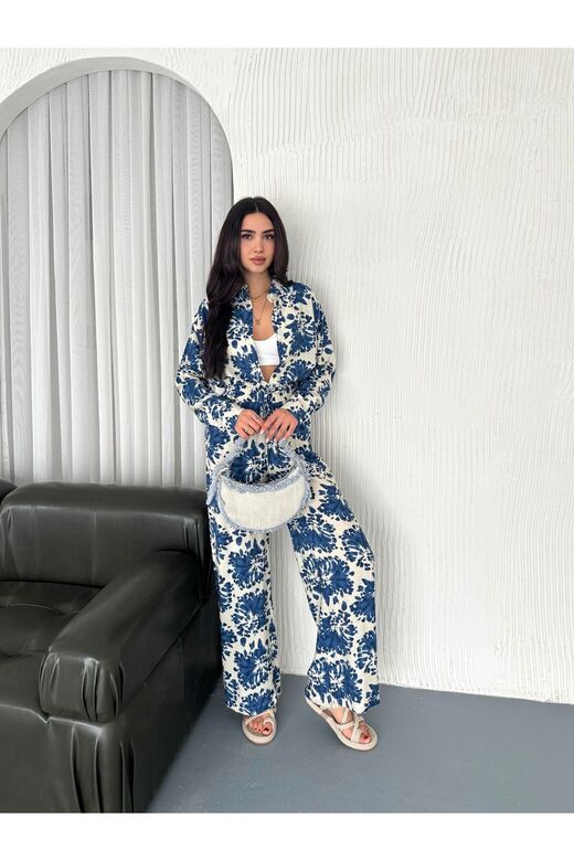 Beli Lastikli  Desenli Modal Kumaş Geniş Paça Gömlekli Takım